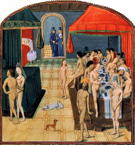 Łaźnia publiczna (miniatura z Factorum Dictorumque Memorabilium, ok. 1475 r., domena publiczna).